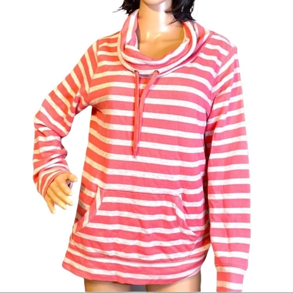 MADE FOR LIFE WOMEN’S SWEATER SIZE M CORAL PINK/GRAY STRIPED